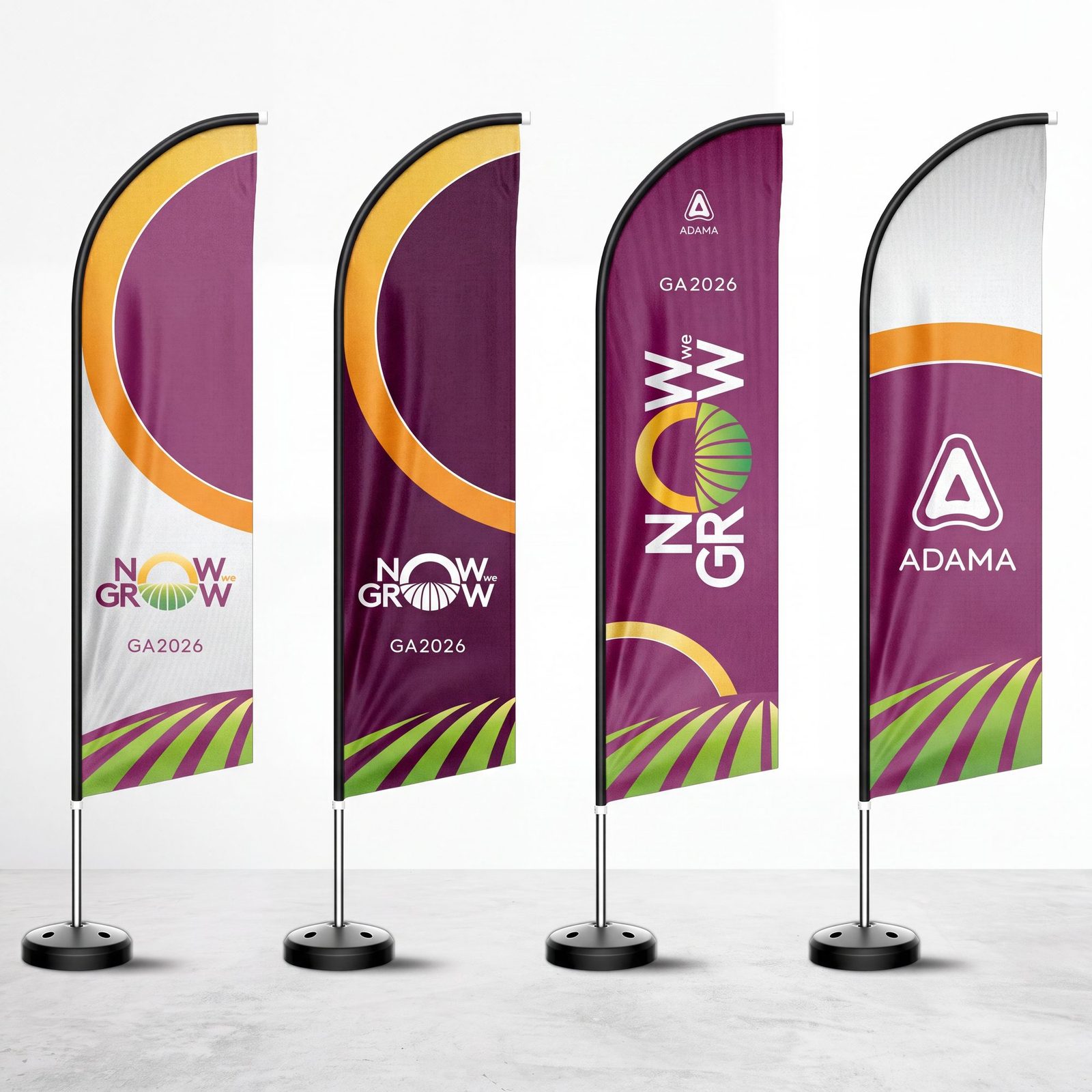 Now We Grow, Budapeste 2026: quatro bandeiras de tecido com o logotipo do evento e da ADAMA