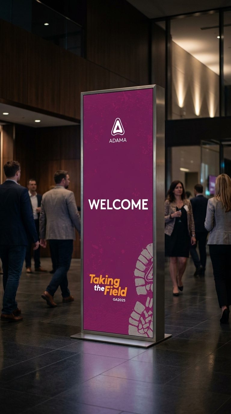 Take The Field, Pafos 2025: totem roxo “Welcome” no hall do hotel, com convidados