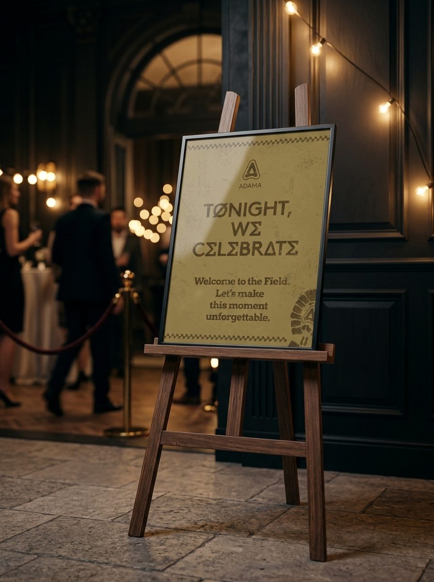 Take The Field, Pafos 2025: cavalete com a placa “Tonight, we celebrate” em área externa à noite