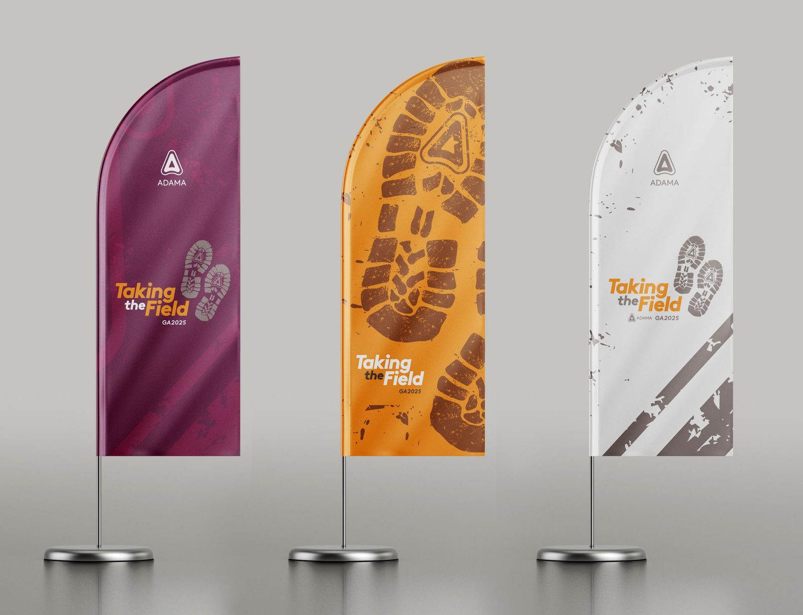 Take The Field, Pafos 2025: três bandeiras com pegadas de bota, em roxo, laranja e branco