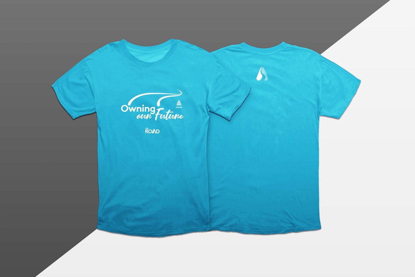 The Road, Lago di Garda 2023: camiseta azul com a frase “Owning our Future”, frente e costas