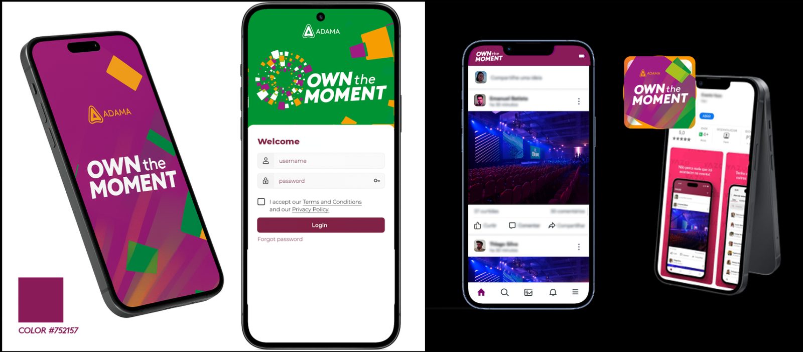 Own The Moment, Malta 2025: telas do app do evento em celulares, com a identidade Own the Moment