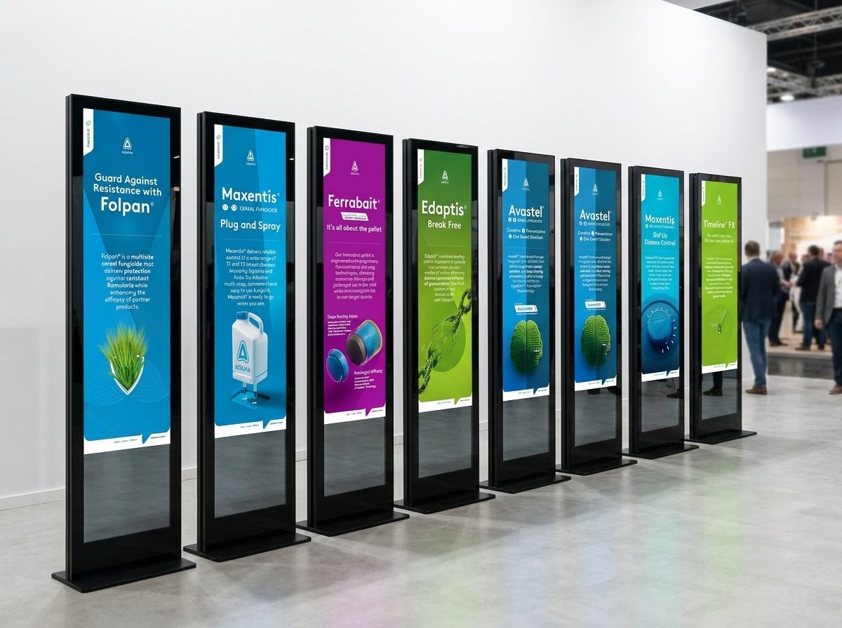 Own The Moment, Malta 2025: fileira de totens digitais com o portfólio de produtos ADAMA