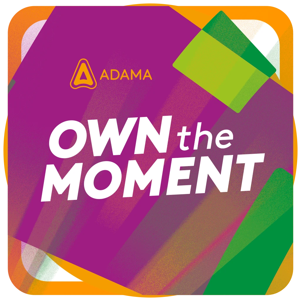 Own The Moment, Malta 2025: arte quadrada Own the Moment em roxo, verde e laranja