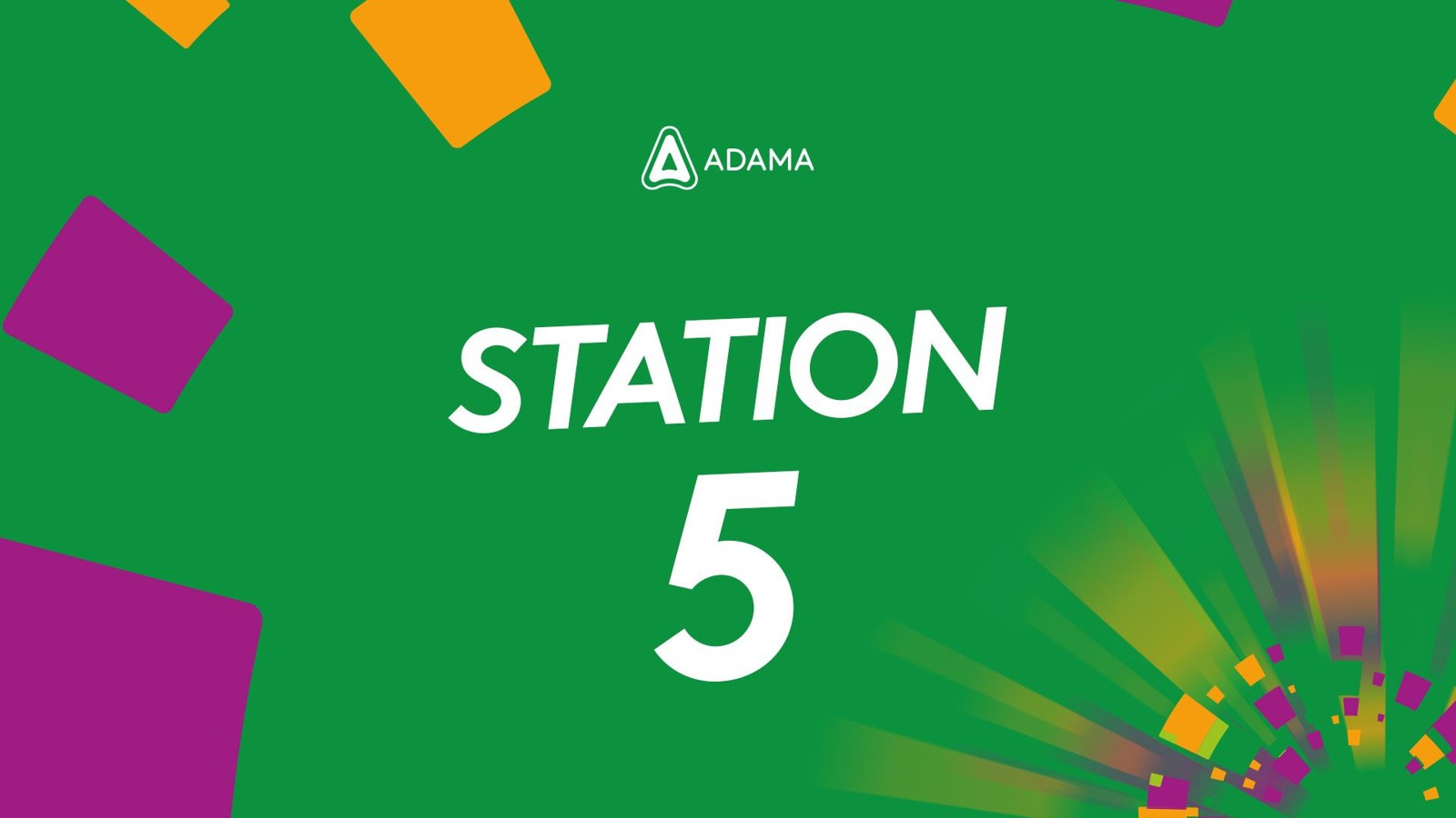 Own The Moment, Malta 2025: slide “Station 5” em verde com a marca ADAMA