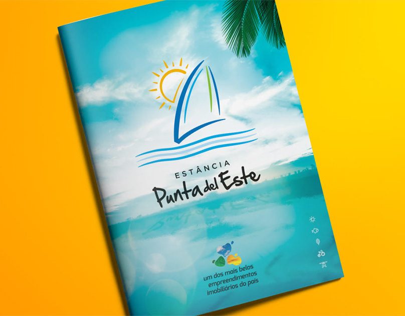 Estância Punta del Este: capa de catálogo com veleiro desenhado sobre fundo amarelo