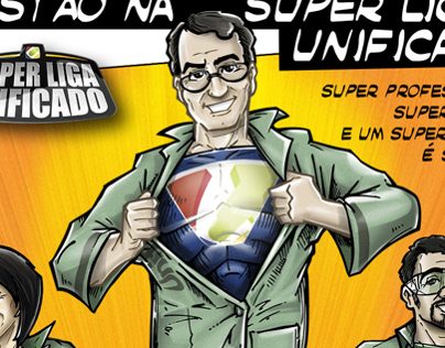 Unificado: ilustração em estilo de quadrinhos de um super-herói de jaleco abrindo a camisa