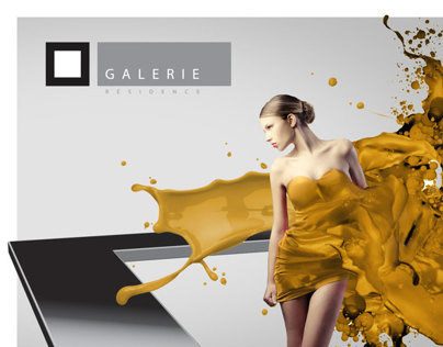 Empreendimento Galerie: mulher de vestido dourado com respingos de tinta e o logotipo Galerie