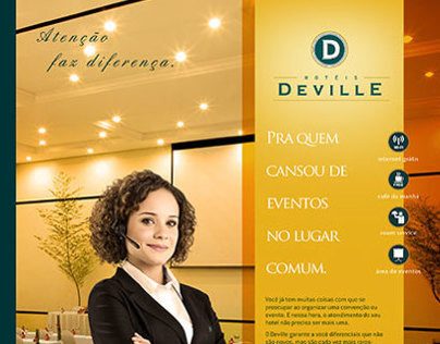 Hotéis Deville: anúncio com atendente de headset e a frase “Atenção faz diferença”