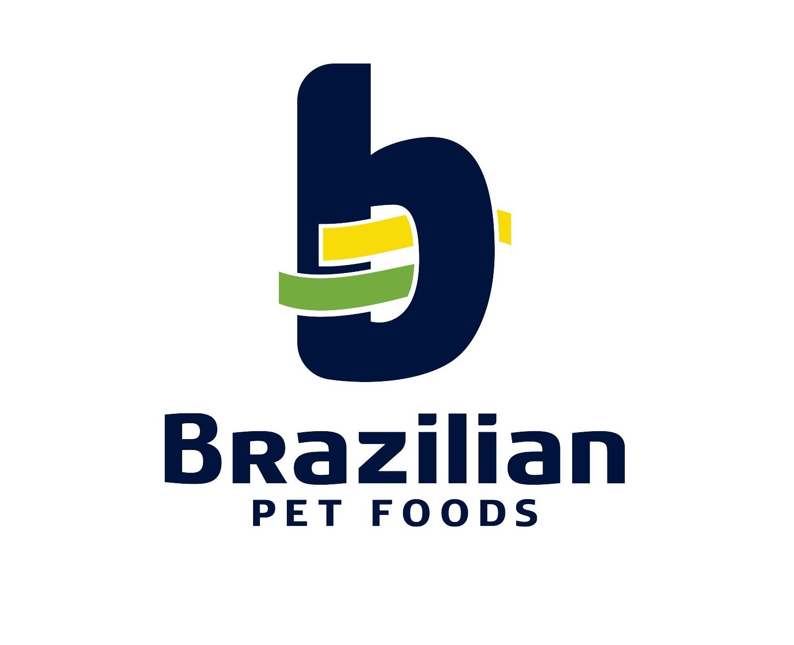 Logotipo da Brazilian Pet Foods, com o “b” e a faixa verde e amarela