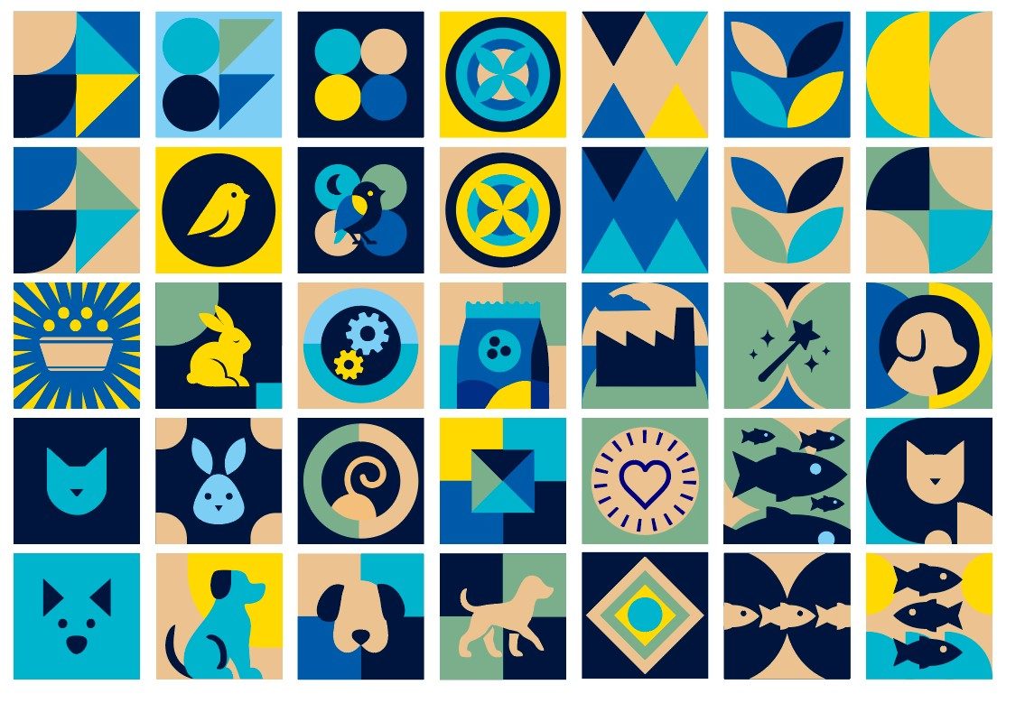 Mosaico de ícones do sistema visual, com animais e formas geométricas