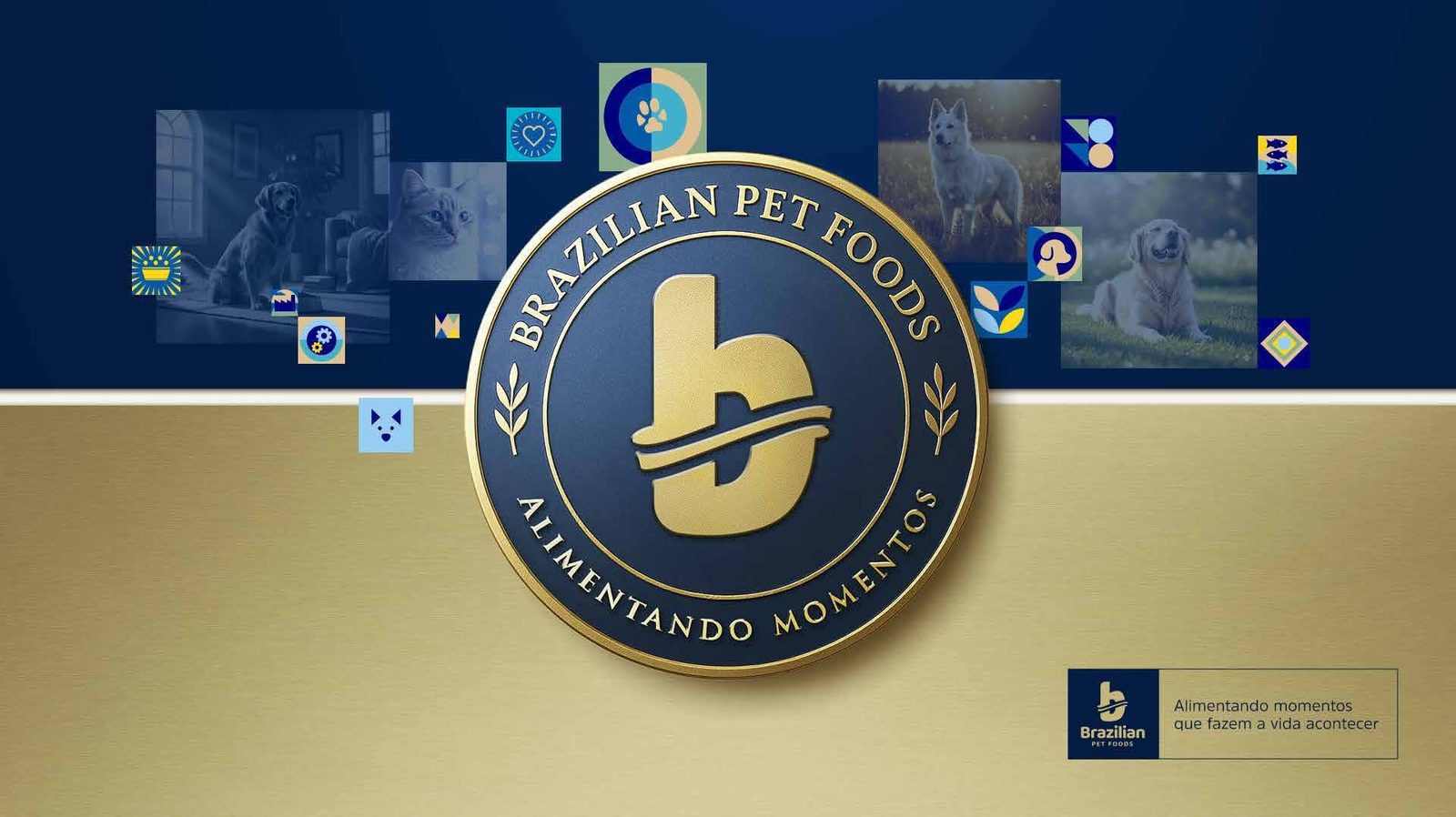 Brazilian Pet Foods: selo institucional “Alimentando momentos” em azul e dourado