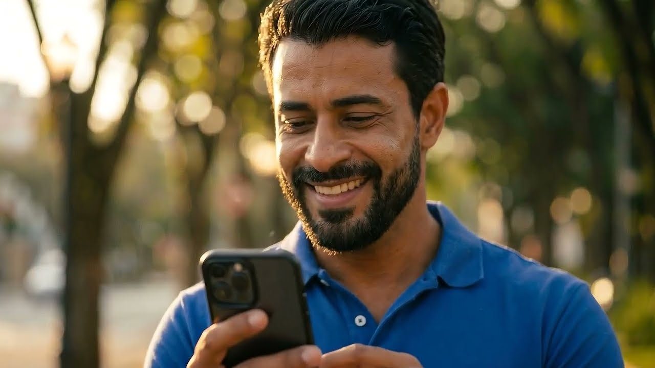 Homem sorrindo ao olhar o celular, ao ar livre