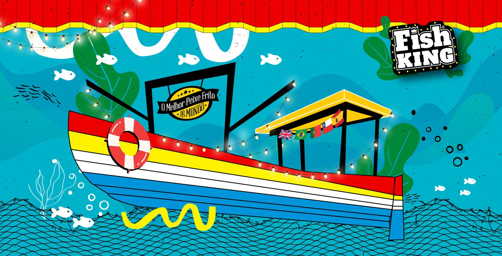 Ilustração de barco colorido sobre ondas, parte do sistema visual