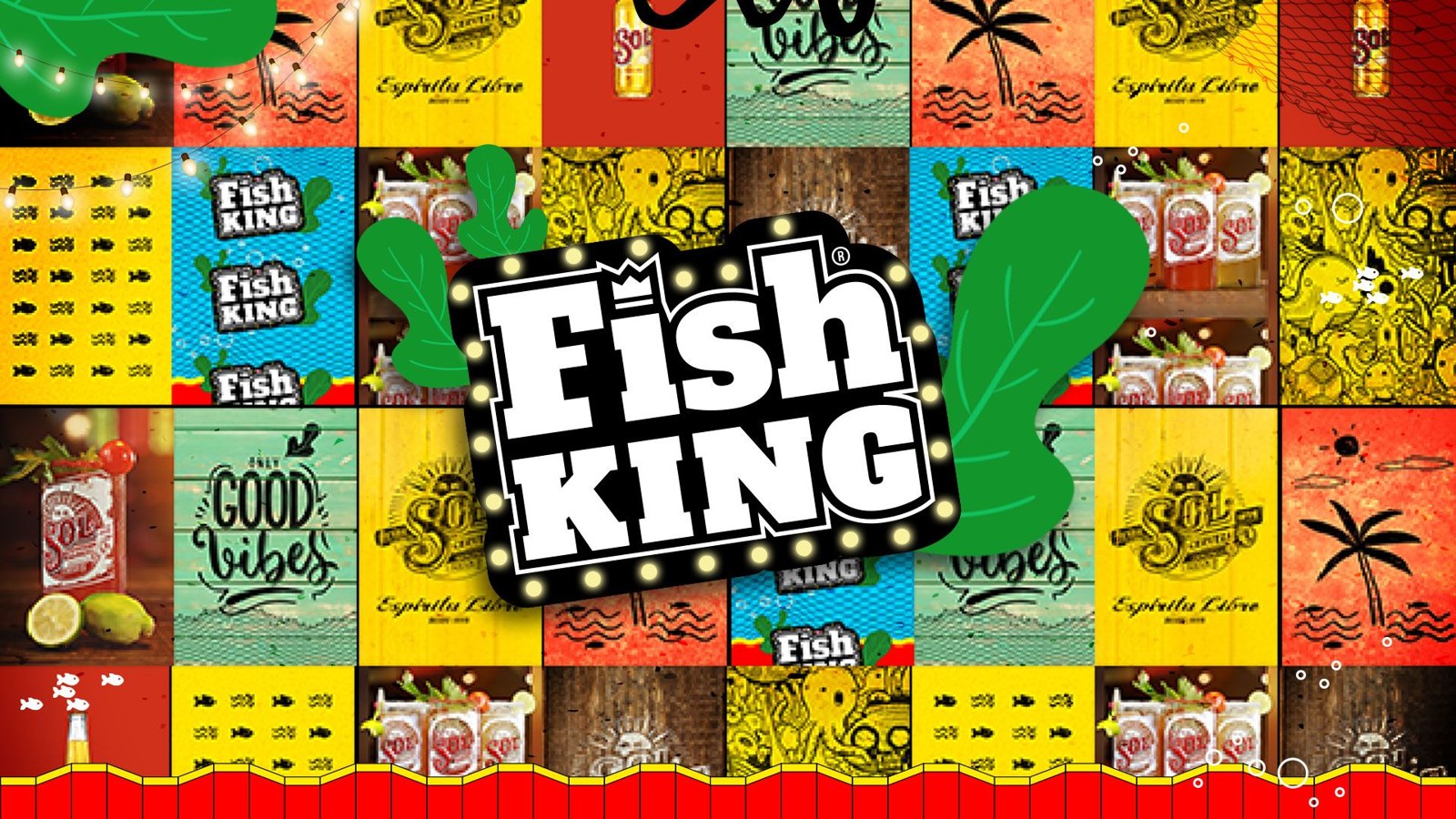 Logotipo Fish King sobre padronagem colorida
