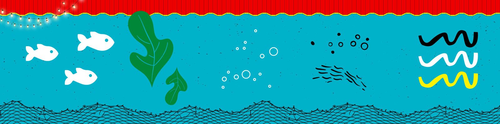 Faixa ilustrada com peixes e algas sobre fundo azul