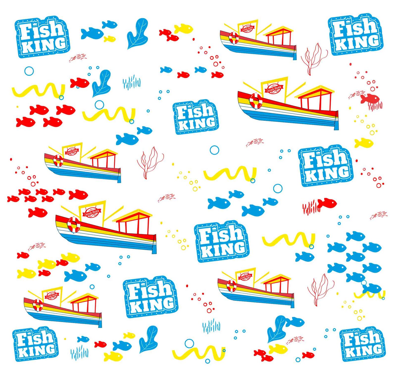 Padronagem com barquinhos e peixes coloridos