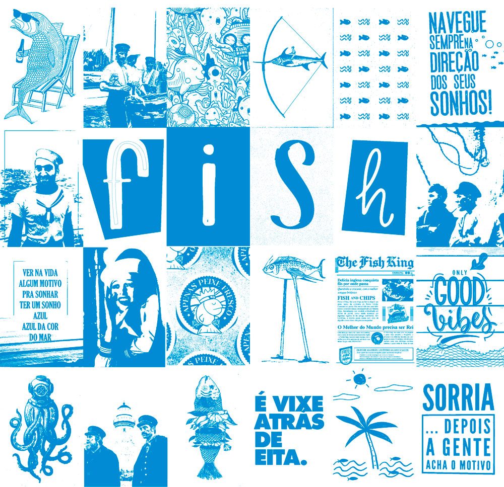 Ilustração tipográfica em azul com frases e elementos do mar