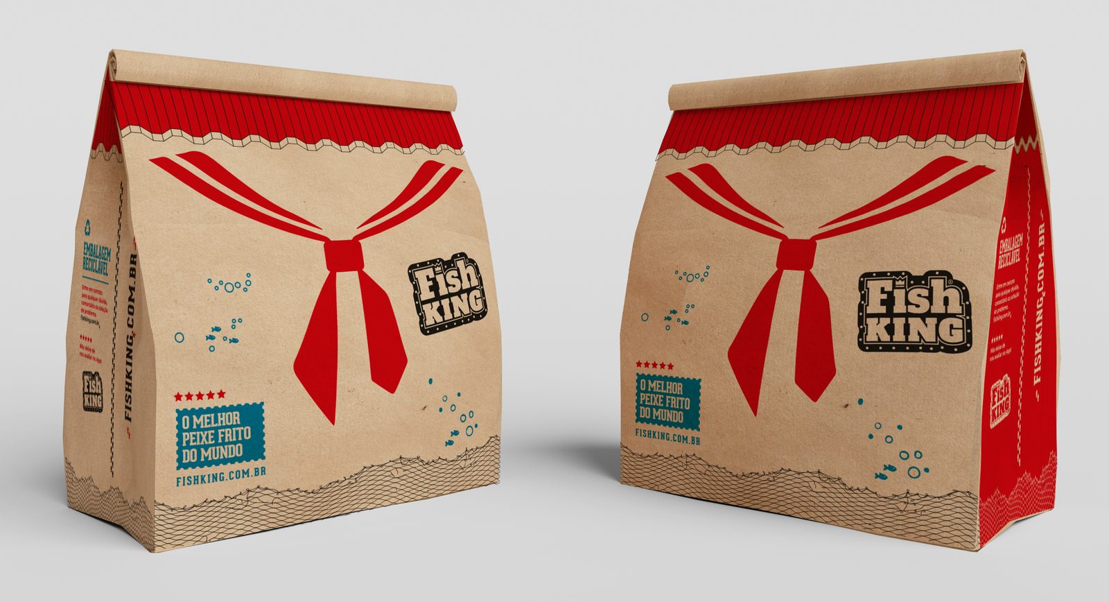 Embalagens de papel kraft com laço vermelho e logotipo Fish King