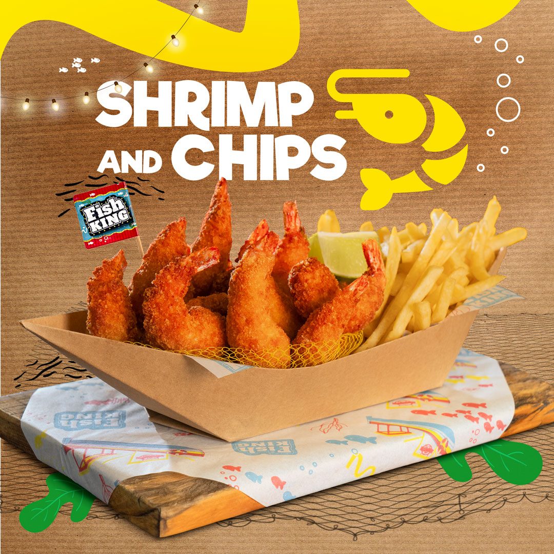 Porção Shrimp and Chips em embalagem de papel manteiga