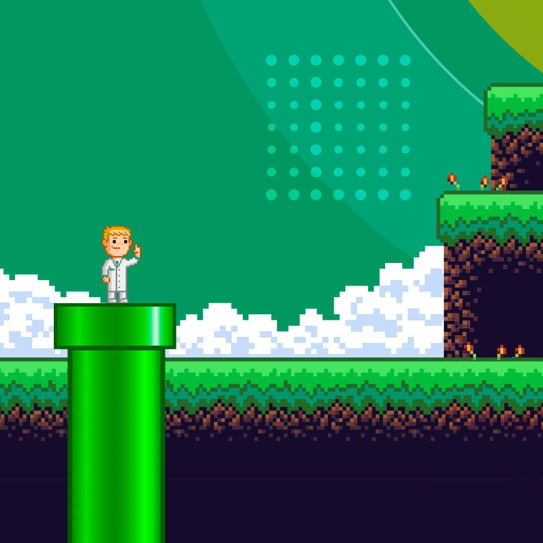 Personagem do game em pixel art sobre um cano verde
