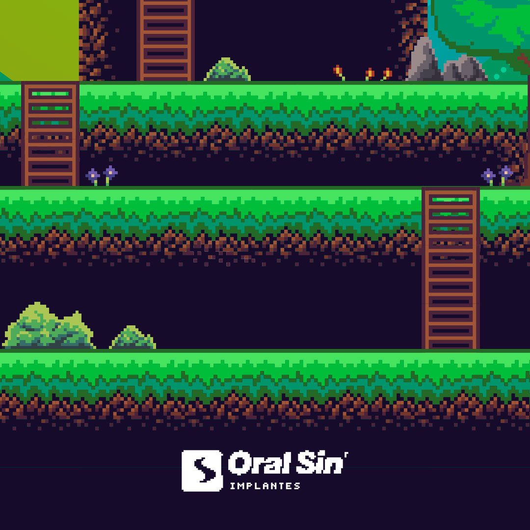 Fase do game em pixel art com plataformas, escadas e a marca OralSin