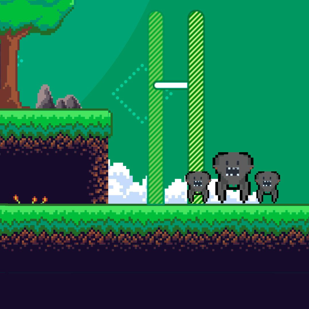 Fase do game em pixel art com plataformas e inimigos