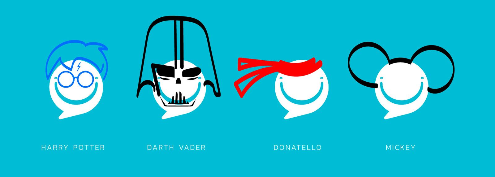 Variações do símbolo com personagens, como Harry Potter, Darth Vader, Donatello e Mickey